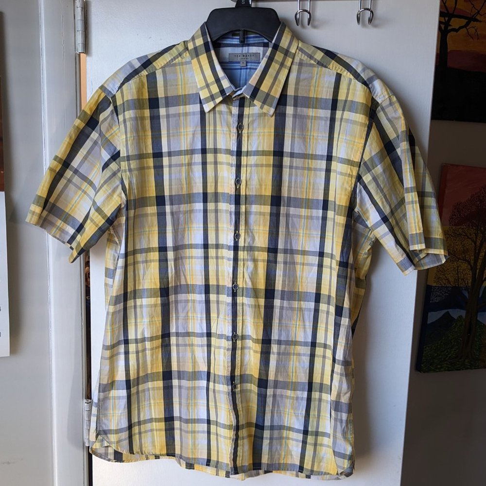 Ted Baker London Yellow Plaid Short Sleeve Button Down Shirt Men's Size 5 (XL)